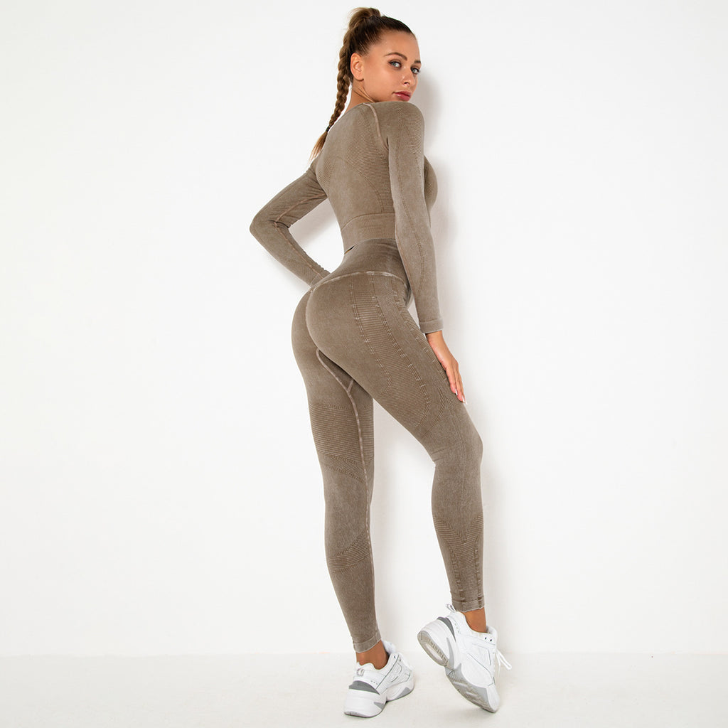 CAMEL SEAMLESS LONG SLEEVE RIB DETAIL SPORTS SETS