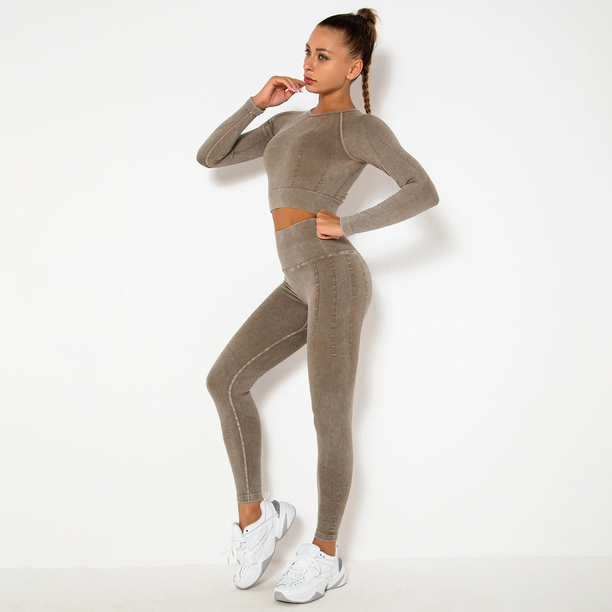 CAMEL SEAMLESS LONG SLEEVE RIB DETAIL SPORTS SETS