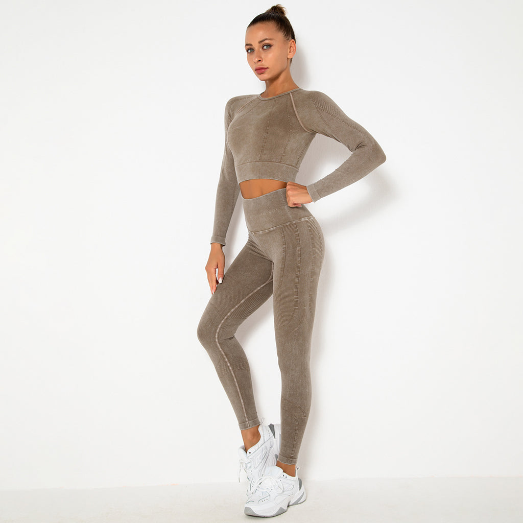 CAMEL SEAMLESS LONG SLEEVE RIB DETAIL SPORTS SETS