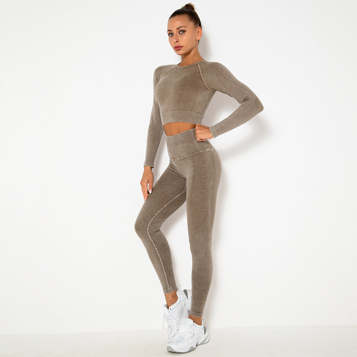 CAMEL SEAMLESS LONG SLEEVE RIB DETAIL SPORTS SETS