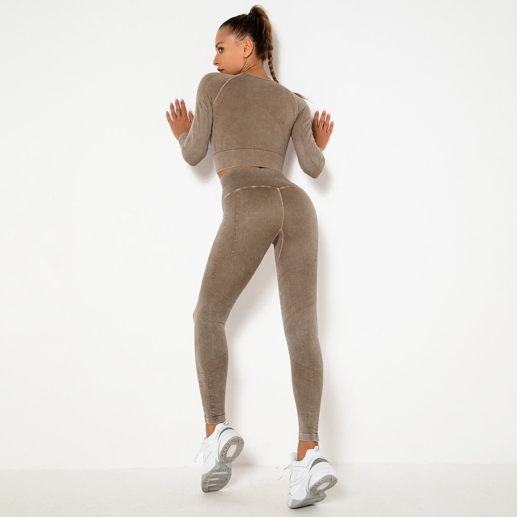 CAMEL SEAMLESS LONG SLEEVE RIB DETAIL SPORTS SETS
