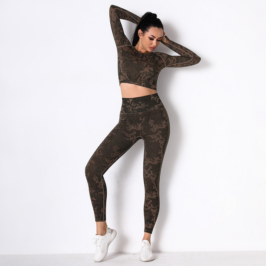 Brown Jungle fatigues Seam less Crop Top&Leggings Set