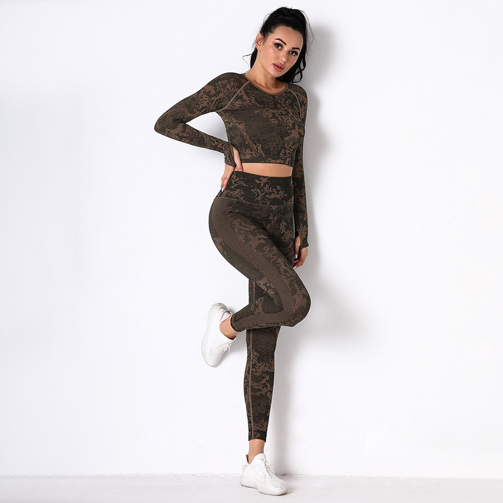 Brown Jungle fatigues Seam less Crop Top&Leggings Set