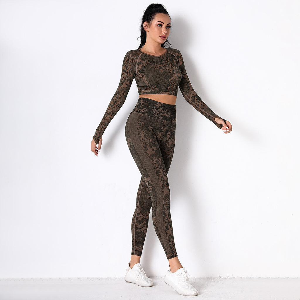 Brown Jungle fatigues Seam less Crop Top&Leggings Set