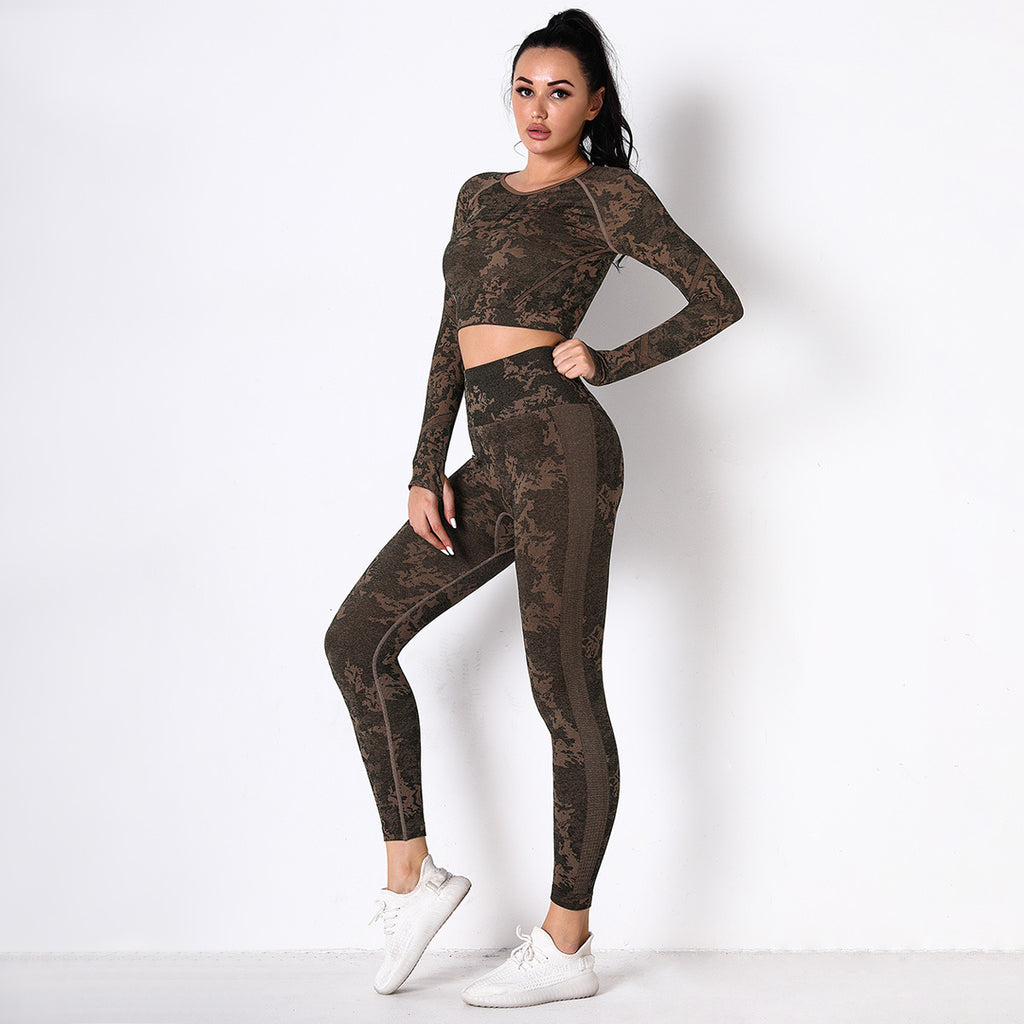 Brown Jungle fatigues Seam less Crop Top&Leggings Set