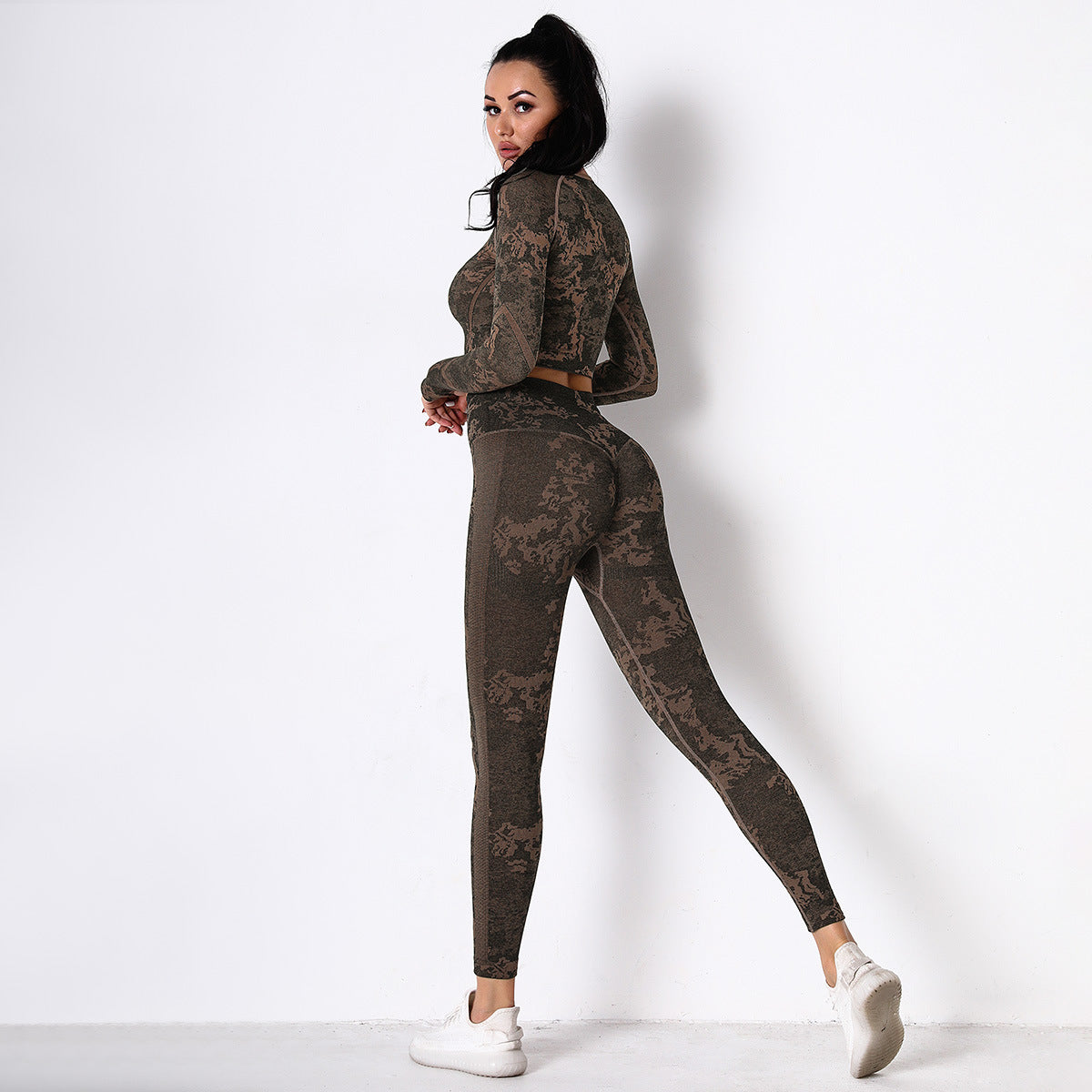 Brown Jungle fatigues Seam less Crop Top&Leggings Set