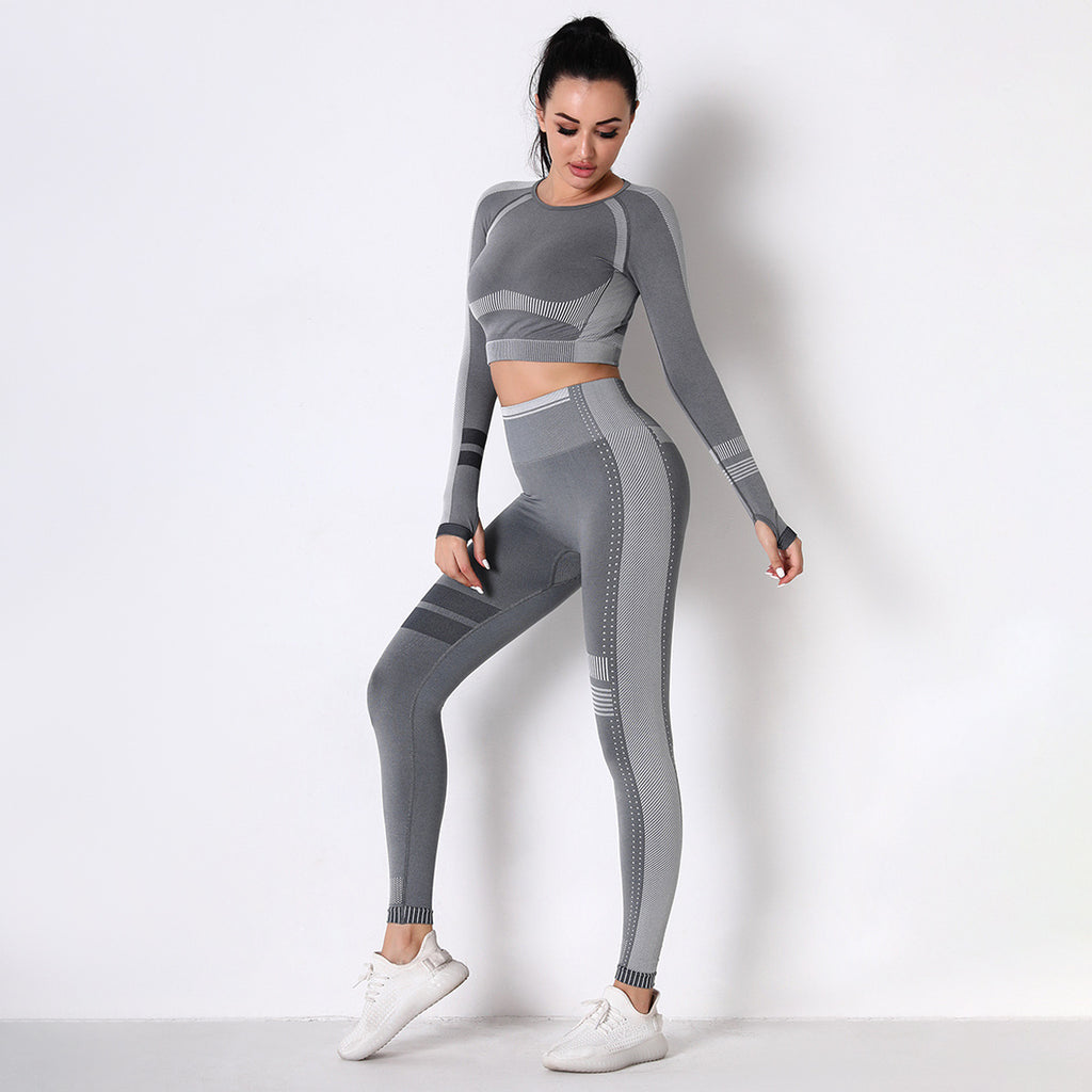 GREY SEAMLESS SPORT LONG SLEEVE CROP TOP AND LEGGIES SETS