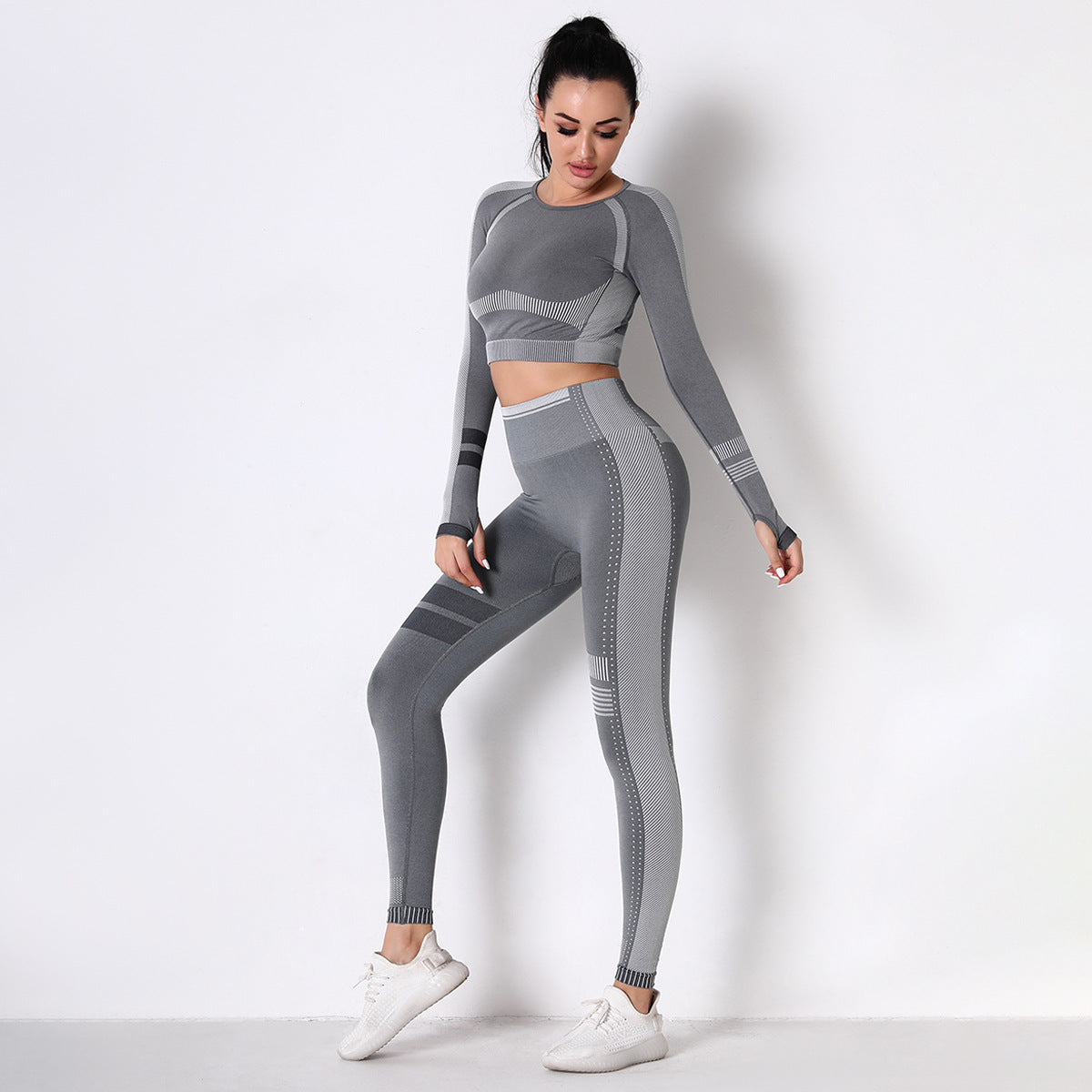 GREY SEAMLESS SPORT LONG SLEEVE CROP TOP AND LEGGIES SETS