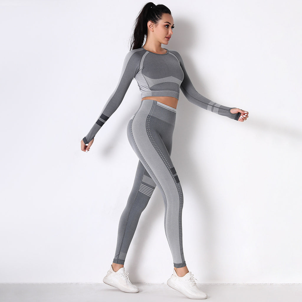 GREY SEAMLESS SPORT LONG SLEEVE CROP TOP AND LEGGIES SETS