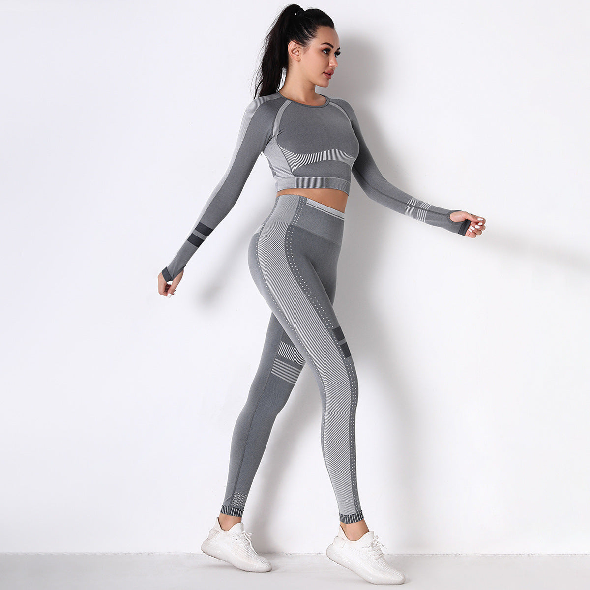 GREY SEAMLESS SPORT LONG SLEEVE CROP TOP AND LEGGIES SETS