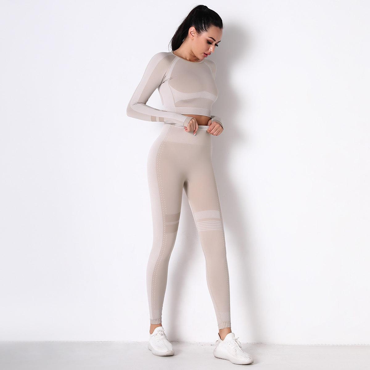 DIANA GUIDA CREAM SEAMLESS SPORT LONG SLEEVE CROP TOP AND LEGGIES SETS
