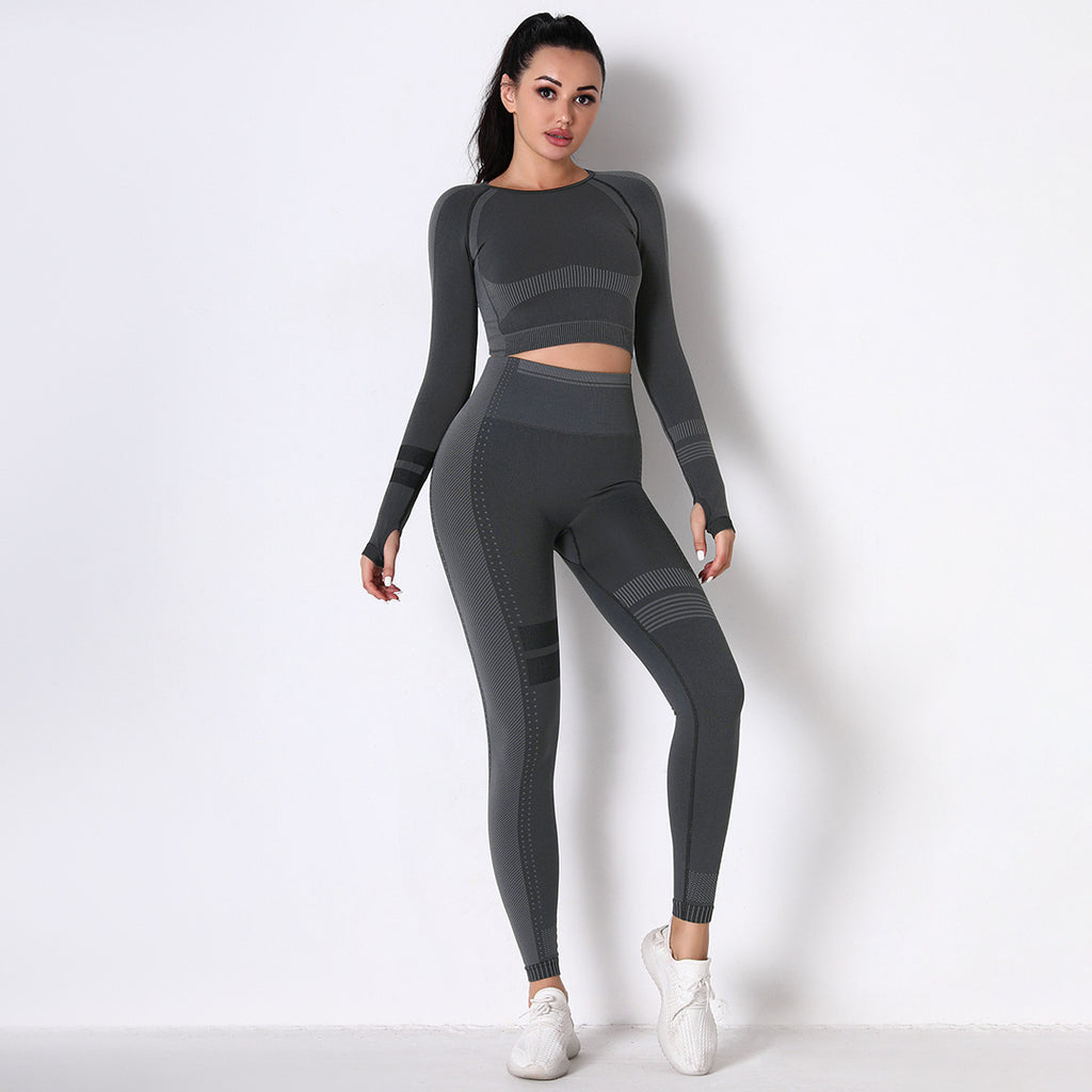 CHARCOAL SEAMLESS SPORT LONG SLEEVE CROP TOP AND LEGGIES SETS