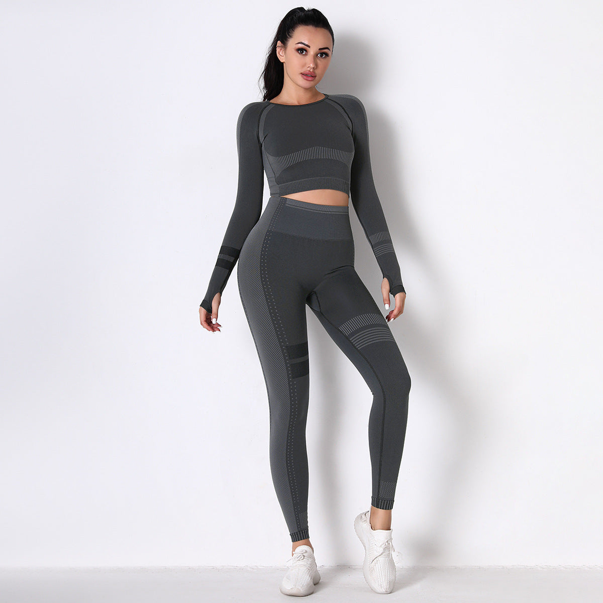 CHARCOAL SEAMLESS SPORT LONG SLEEVE CROP TOP AND LEGGIES SETS