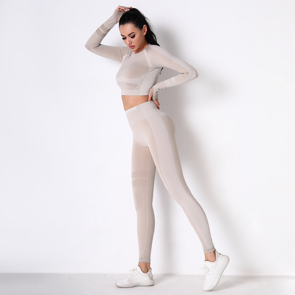 DIANA GUIDA CREAM SEAMLESS SPORT LONG SLEEVE CROP TOP AND LEGGIES SETS