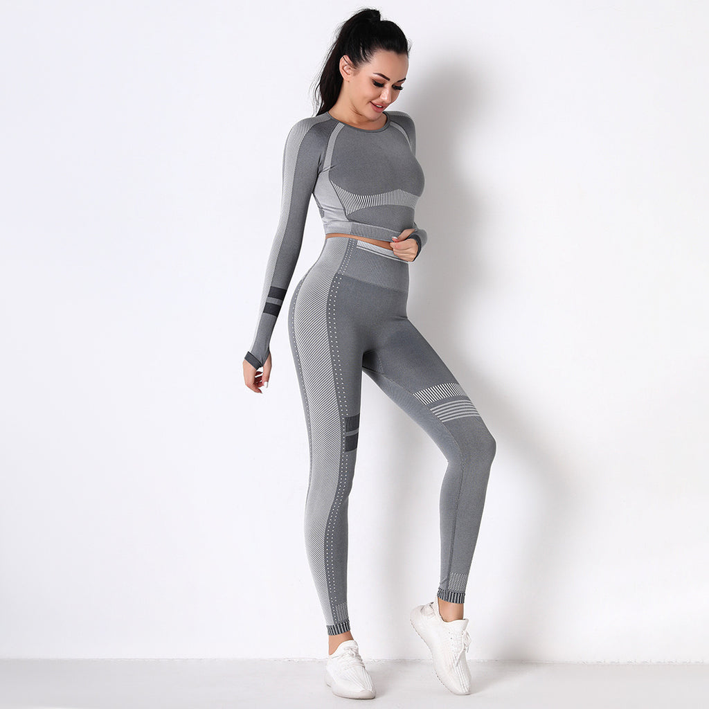GREY SEAMLESS SPORT LONG SLEEVE CROP TOP AND LEGGIES SETS