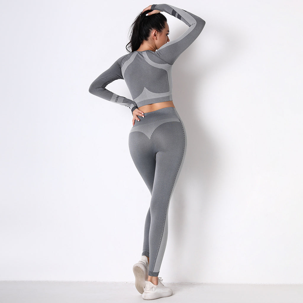 GREY SEAMLESS SPORT LONG SLEEVE CROP TOP AND LEGGIES SETS