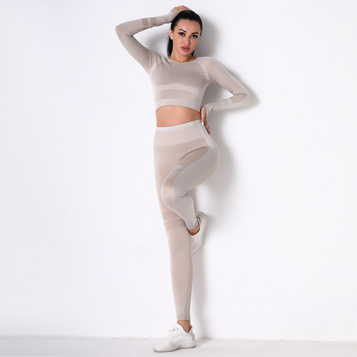 DIANA GUIDA CREAM SEAMLESS SPORT LONG SLEEVE CROP TOP AND LEGGIES SETS