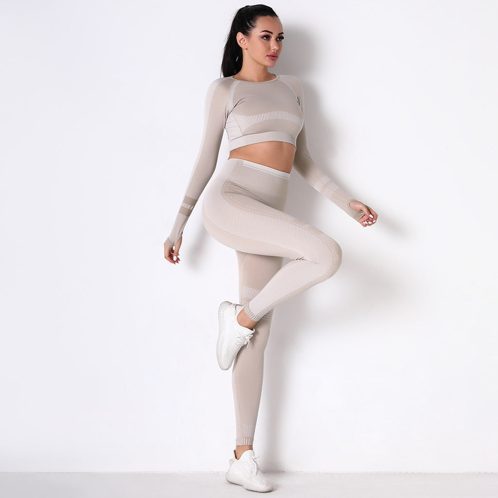 DIANA GUIDA CREAM SEAMLESS SPORT LONG SLEEVE CROP TOP AND LEGGIES SETS