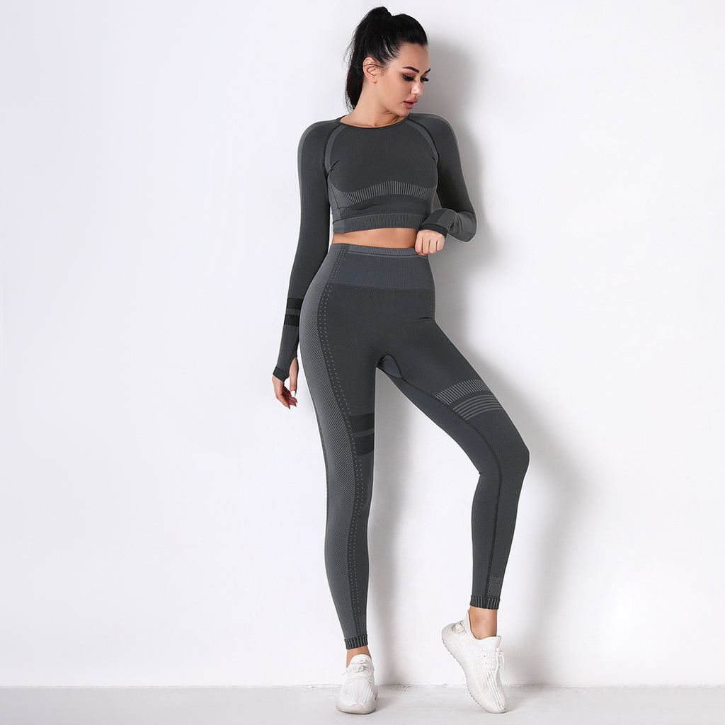 CHARCOAL SEAMLESS SPORT LONG SLEEVE CROP TOP AND LEGGIES SETS