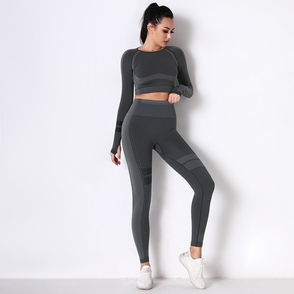 CHARCOAL SEAMLESS SPORT LONG SLEEVE CROP TOP AND LEGGIES SETS