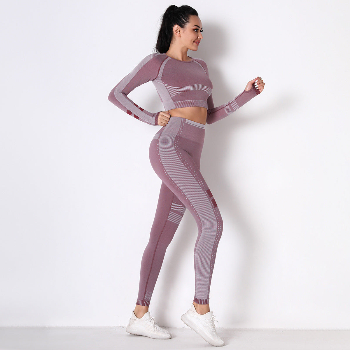 ROSE SEAMLESS SPORT LONG SLEEVE CROP TOP AND LEGGIES SETS