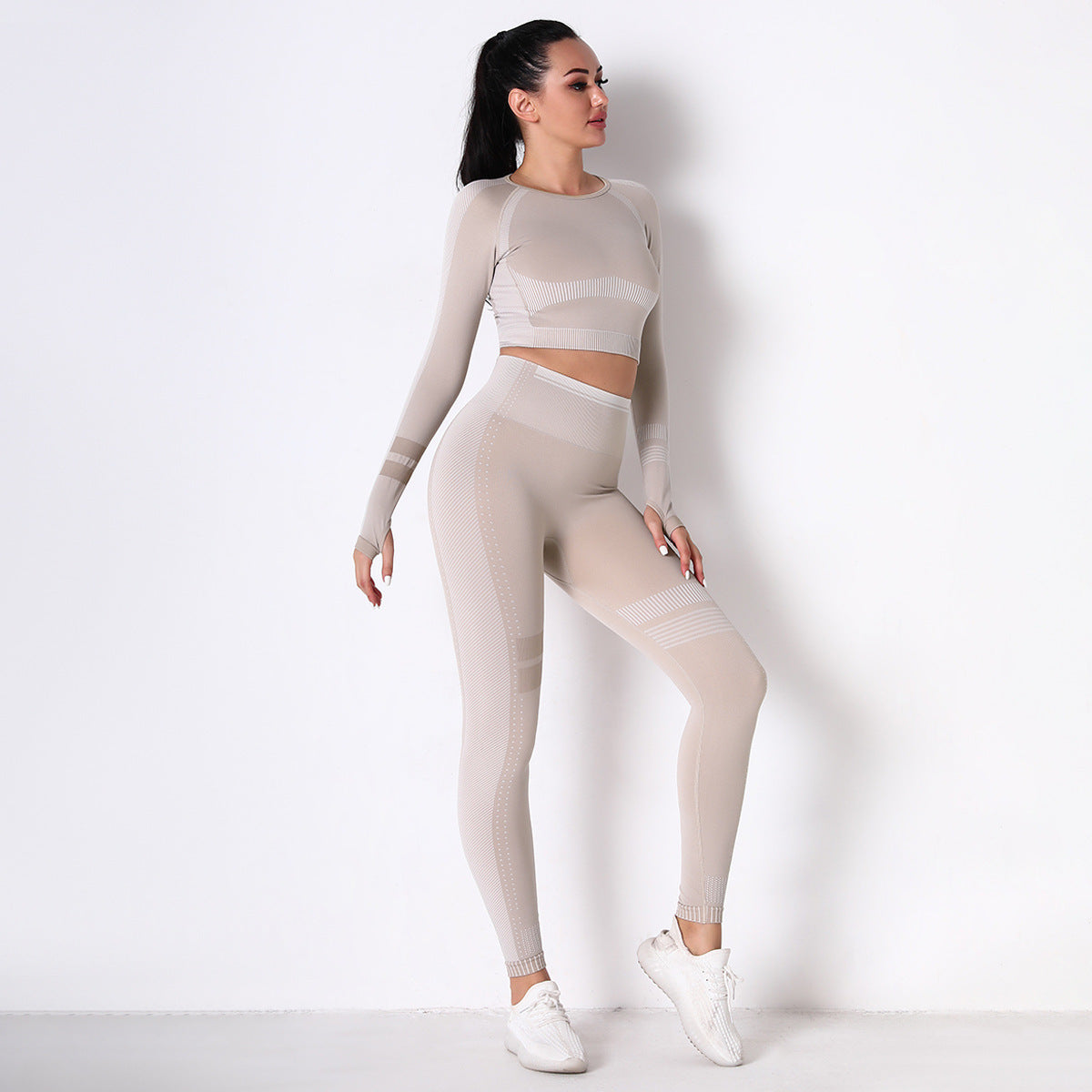 DIANA GUIDA CREAM SEAMLESS SPORT LONG SLEEVE CROP TOP AND LEGGIES SETS