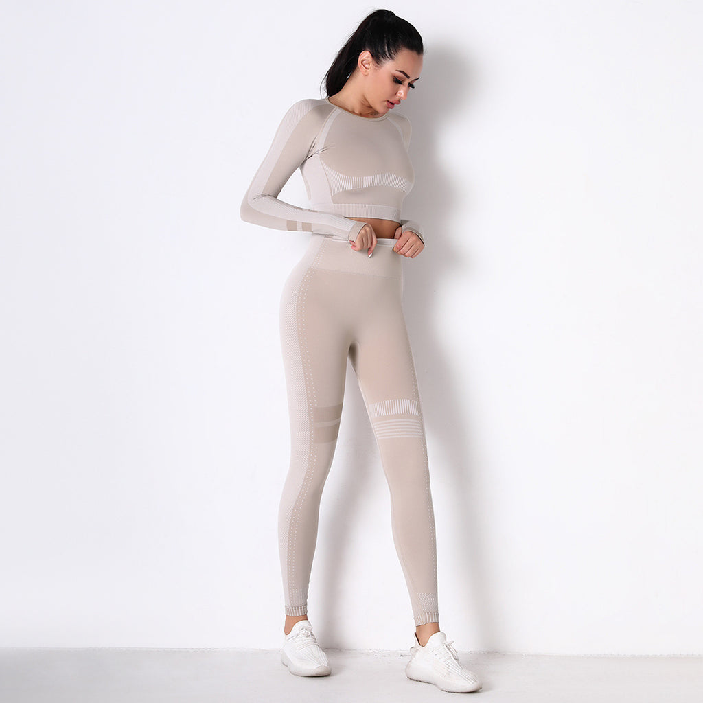 DIANA GUIDA CREAM SEAMLESS SPORT LONG SLEEVE CROP TOP AND LEGGIES SETS