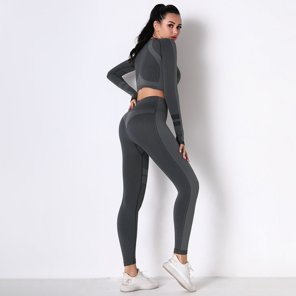 CHARCOAL SEAMLESS SPORT LONG SLEEVE CROP TOP AND LEGGIES SETS