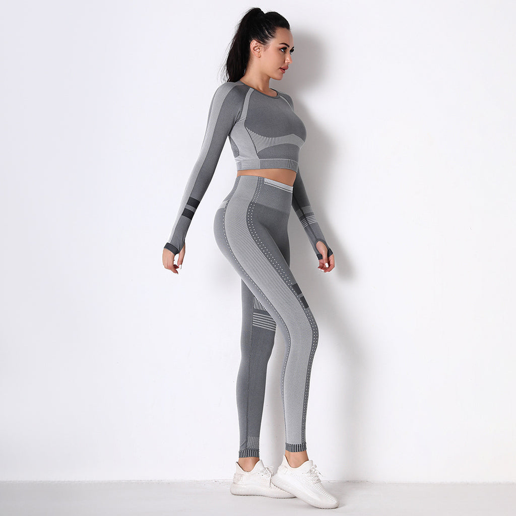 GREY SEAMLESS SPORT LONG SLEEVE CROP TOP AND LEGGIES SETS