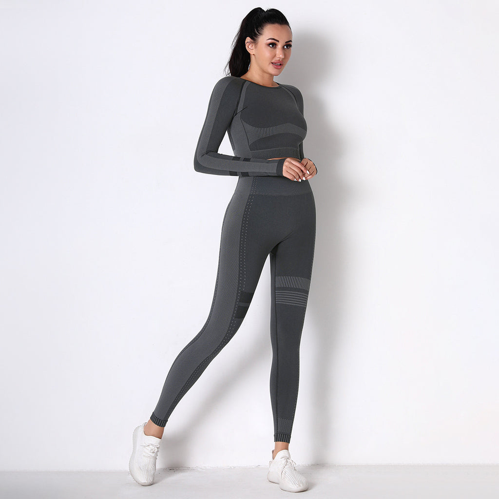 CHARCOAL SEAMLESS SPORT LONG SLEEVE CROP TOP AND LEGGIES SETS